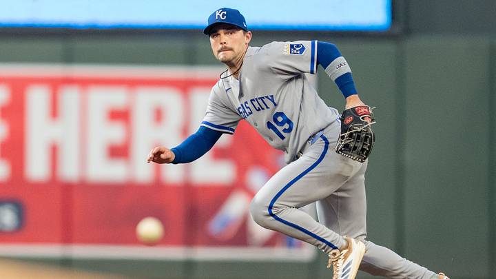 Jun 5, 2026; Minneapolis, Minnesota, USA; Kansas City Royals second baseman Michael Massey (19) fields a ground ball from Minnesota Twins third baseman Brooks Lee (22) in the first inning at Target Field. Mandatory Credit: Matt Blewett-Imagn Images