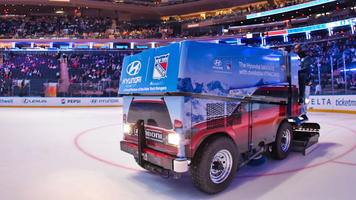 Apr 5, 2026; New York, New York, USA; A Zamboni ice resurfacer cleans the ice before the first period of a game between the Washington Capitals and the New York Rangers at Madison Square Garden. Mandatory Credit: Danny Wild-Imagn Images