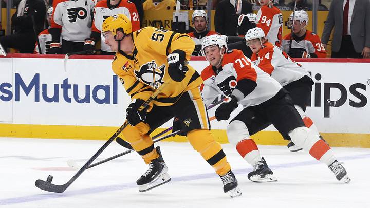 Apr 20, 2026; Pittsburgh, Pennsylvania, USA; Pittsburgh Penguins center Noel Acciari (55) moves the puck up ice against Philadelphia Flyers right wing Tyson Foerster (71) during the second period in game two of the first round of the 2026 Stanley Cup Playoffs at PPG Paints Arena. Apr 20, 2026; Pittsburgh, Pennsylvania, USA; Pittsburgh Penguins center Noel Acciari (55) moves the puck up ice against Philadelphia Flyers right wing Tyson Foerster (71) during the second period in game two of the first round of the 2026 Stanley Cup Playoffs at PPG Paints Arena.