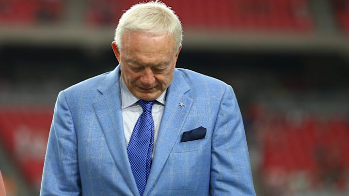 Dallas Cowboys owner Jerry Jones reacts before the game against the Arizona Cardinals at the University of Phoenix Stadium.