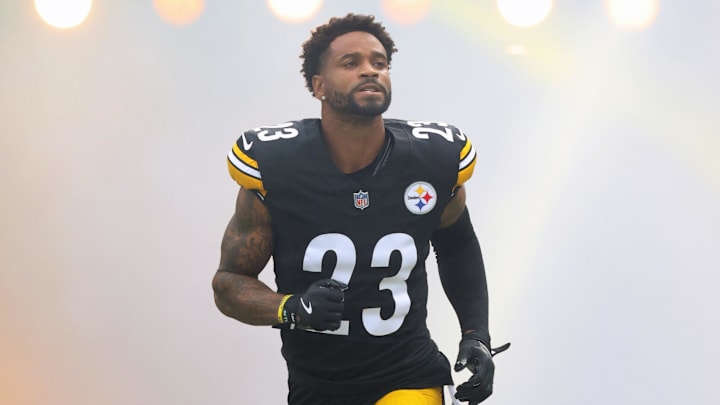 Nov 2, 2025; Pittsburgh, Pennsylvania, USA;  Pittsburgh Steelers cornerback Darius Slay (23) reacts as he takes the field against the Indianapolis Colts at Acrisure Stadium. Mandatory Credit: Charles LeClaire-Imagn Images