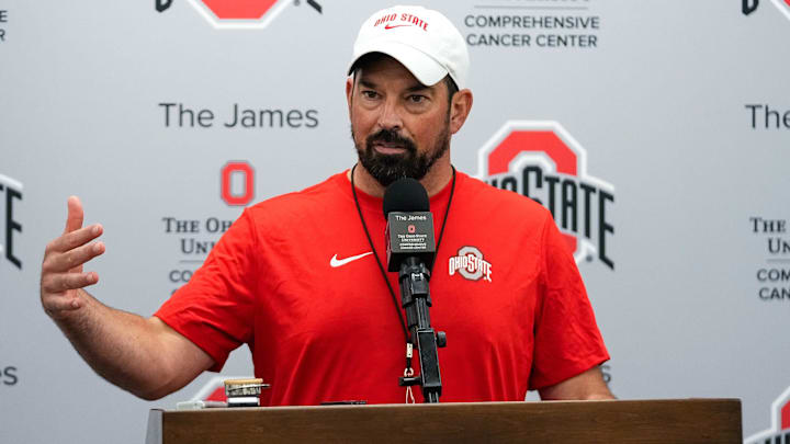 Ohio State head coach Ryan Day speaks to the media at the Woody Hayes Athletic Center on Thursday, July 31, 2025 in Columbus, Ohio.