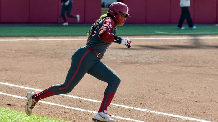 Oklahoma outfielder Kai Minor rounds first base against Sam Houston.