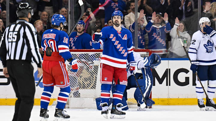 Mar 20, 2025; New York, New York, USA;  New York Rangers left wing Chris Kreider (20) celebrates his goal against the Toronto Maple Leafs during the third period at Madison Square Garden. Mandatory Credit: Dennis Schneidler-Imagn Images