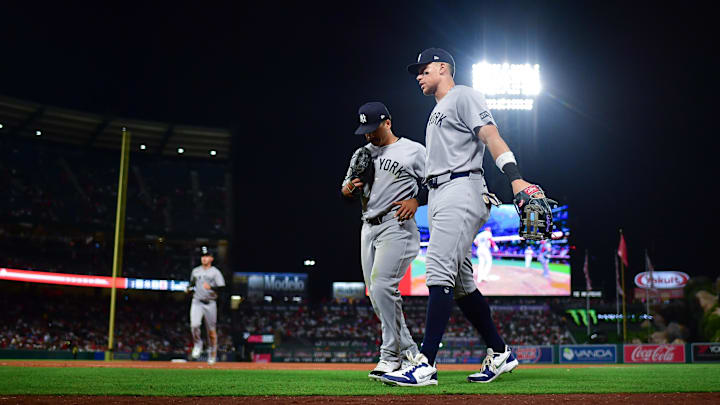 May 27, 2025; Anaheim, California, USA; New York Yankees right fielder Aaron Judge (99) greets center fielder Trent Grisham (12) following the seventh inning against the Los Angeles Angels at Angel Stadium. Mandatory Credit: Gary A. Vasquez-Imagn Images May 27, 2025; Anaheim, California, USA; New York Yankees right fielder Aaron Judge (99) greets center fielder Trent Grisham (12) following the seventh inning against the Los Angeles Angels at Angel Stadium. Mandatory Credit: Gary A. Vasquez-Imagn Images