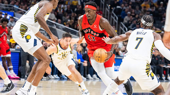 Nov 22, 2023; Indianapolis, Indiana, USA; Toronto Raptors forward Pascal Siakam (43) dribbles the