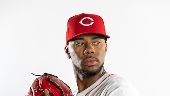 Feb 18, 2025; Goodyear, AZ, USA; Cincinnati Reds pitcher Hunter Greene poses for a portrait during Media Day at the Cincinnati Reds Development Complex. Mandatory Credit: Mark J. Rebilas-Imagn Images