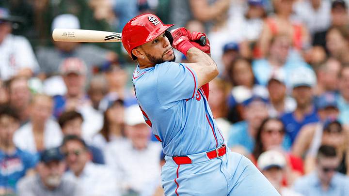 Aug 15, 2026; Chicago, Illinois, USA; St. Louis Cardinals left fielder Joshua Baez (22) hits a two-run home run against the Chicago Cubs during the sixth inning at Wrigley Field. Mandatory Credit: Kamil Krzaczynski-Imagn Images