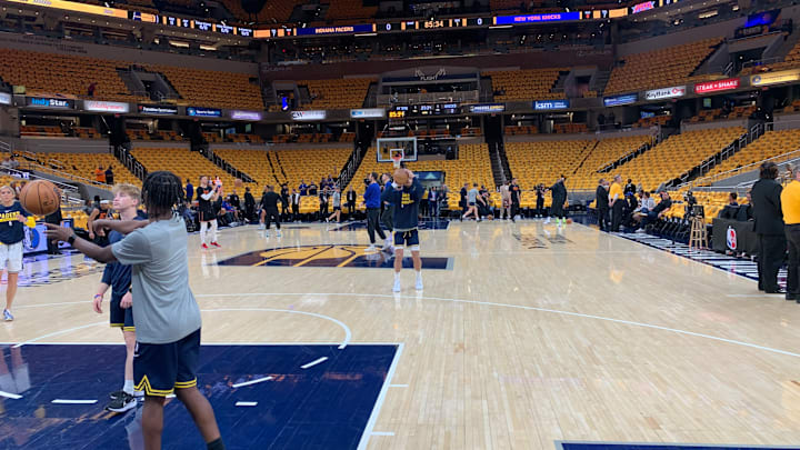 Indiana Pacers guard Andrew Nembhard warms up before the Pacers host the New York Knicks for Game 6 of the 2024 Eastern Conference Semifinals. (Mandatory Photo Credit: Pacers SI) Indiana Pacers guard Andrew Nembhard warms up before the Pacers host the New York Knicks for Game 6 of the 2024 Eastern Conference Semifinals. (Mandatory Photo Credit: Pacers SI)