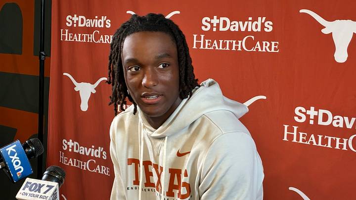 Texas Longhorns wide receiver Cam Coleman speaking with the media. Texas Longhorns wide receiver Cam Coleman speaking with the media.