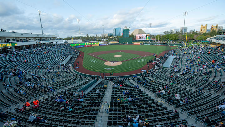 Apr 1, 2025; West Sacramento, California, USA; General view of Sutter Health Park before the game between the Athletics and Chicago Cubs. Mandatory Credit: Ed Szczepanski-Imagn Images