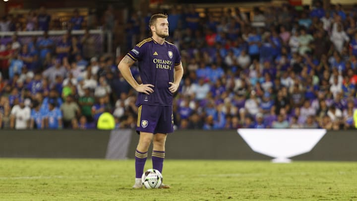 Aug 9, 2024; Orlando, Florida, USA; Orlando City forward Duncan McGuire (13) prepares to take a penalty kick against Cruz Azul at INTER&CO Stadium. Mandatory Credit: Morgan Tencza-USA TODAY Sports