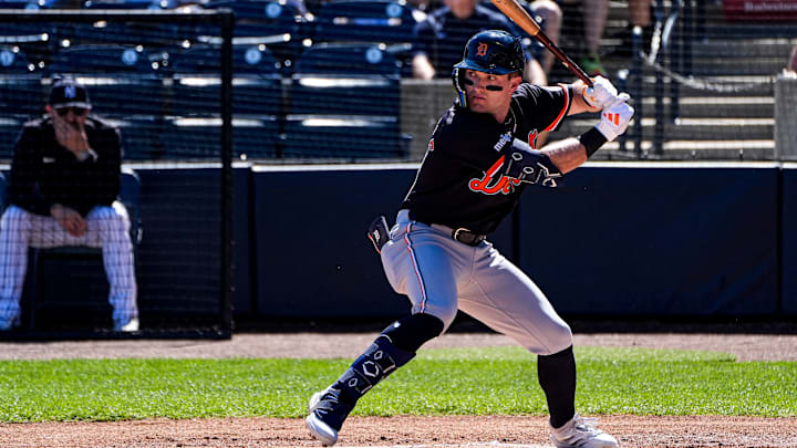 Tigers infielder Kevin McGonigle bats against the New York Yankees during the first inning at George M. Steinbrenner Field in Tampa, Fla. 