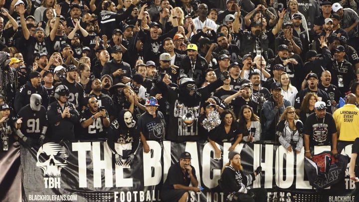 Sep 9, 2019; Oakland, CA, USA; Oakland Raiders fans cheer from the black hole during the fourth quarter against the Denver Broncos at Oakland Coliseum. Mandatory Credit: Kelley L Cox-USA TODAY Sports