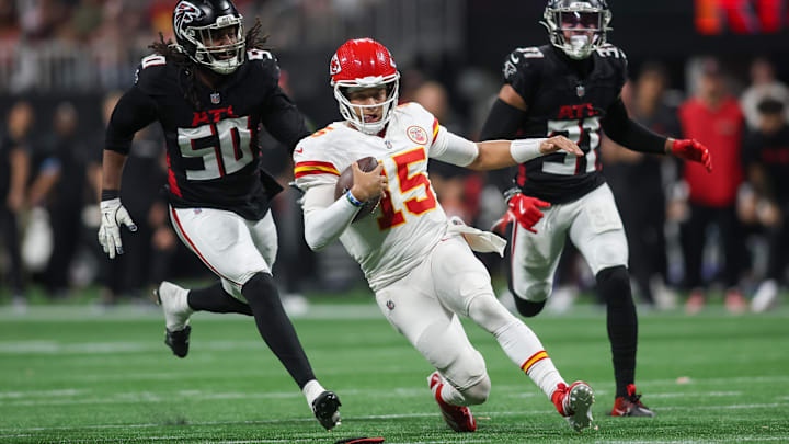 Sep 22, 2024; Atlanta, Georgia, USA; Kansas City Chiefs quarterback Patrick Mahomes (15) slides against the Atlanta Falcons in the third quarter at Mercedes-Benz Stadium. Mandatory Credit: Brett Davis-Imagn Images