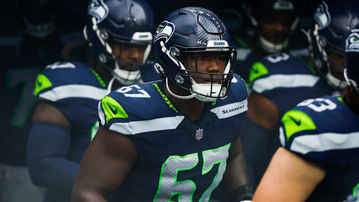Nov 12, 2023; Seattle, Washington, USA; Seattle Seahawks offensive tackle Charles Cross (67) exits the locker room before a game against the Washington Commanders at Lumen Field. Mandatory Credit: Joe Nicholson-USA TODAY Sports