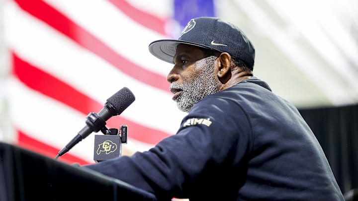 Apr 4, 2025; Boulder, CO, USA; Colorado Buffaloes head coach Deion Sanders speaks to the media at the University of Colorado NFL Showcase at the CU Indoor Practice Facility. Apr 4, 2025; Boulder, CO, USA; Colorado Buffaloes head coach Deion Sanders speaks to the media at the University of Colorado NFL Showcase at the CU Indoor Practice Facility.