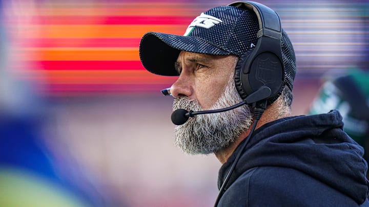 Former New York Jets interim head coach and new Atlanta Falcons defensive coordinator Jeff Ulbrich watches from the sideline as they take on the New England Patriots at Gillette Stadium. 