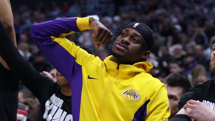 Jan 13, 2024; Salt Lake City, Utah, USA; Los Angeles Lakers forward Jarred Vanderbilt (2) reacts to a play against the Utah Jazz during the first quarter at Delta Center. Mandatory Credit: Rob Gray-Imagn Images Jan 13, 2024; Salt Lake City, Utah, USA; Los Angeles Lakers forward Jarred Vanderbilt (2) reacts to a play against the Utah Jazz during the first quarter at Delta Center. Mandatory Credit: Rob Gray-Imagn Images