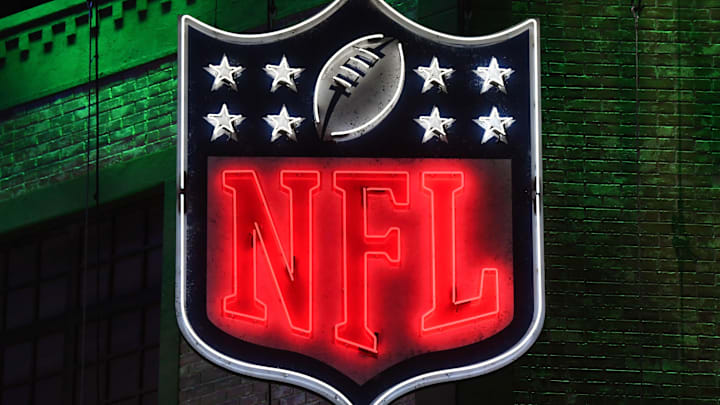 Apr 25, 2019; Nashville, TN, USA; Detailed view of neon NFL shield logo during the first round of the 2019 NFL Draft in downtown Nashville. Mandatory Credit: Kirby Lee-Imagn Images
