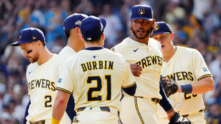 Milwaukee Brewers pitcher Freddy Peralta (51) departs for Milwaukee Brewers pitcher Aaron Ashby (26) during the sixth inning of their National League Division Series game on Saturday October 4, 2025 against the Milwaukee Brewers at American Family Field in Milwaukee, Wisconsin.