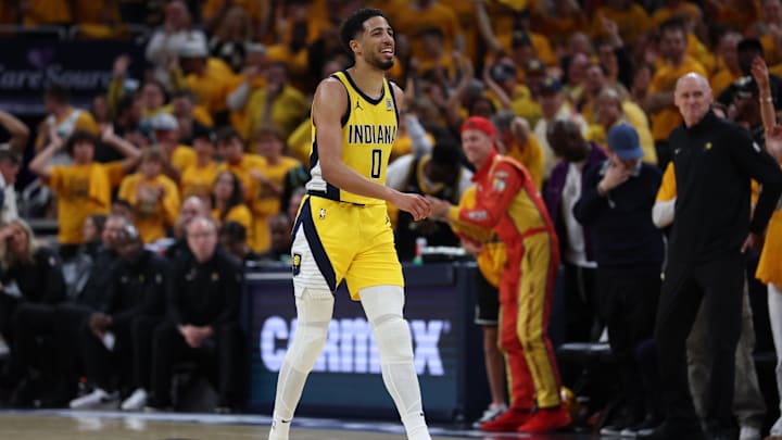 May 25, 2025; Indianapolis, Indiana, USA; Indiana Pacers guard Tyrese Haliburton (0) walks downcourt during the third quarter against the New York Knicks during game three of the eastern conference finals for the 2025 NBA Playoffs at Gainbridge Fieldhouse. Mandatory Credit: Trevor Ruszkowski-Imagn Images