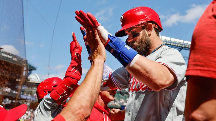Aug 26, 2026; Seattle, Washington, USA; Philadelphia Phillies right fielder Bryce Harper (3) high fives teammates in the dugout following a two-run home run against the Seattle Mariners during the first inning at T-Mobile Park. Mandatory Credit: Joe Nicholson-Imagn Images Aug 26, 2026; Seattle, Washington, USA; Philadelphia Phillies right fielder Bryce Harper (3) high fives teammates in the dugout following a two-run home run against the Seattle Mariners during the first inning at T-Mobile Park. Mandatory Credit: Joe Nicholson-Imagn Images