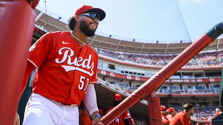 Jun 28, 2025; Cincinnati, Ohio, USA; Cincinnati Reds outfielder Rece Hinds (57) runs onto the field before the game against the San Diego Padres at Great American Ball Park. Mandatory Credit: Katie Stratman-Imagn Images