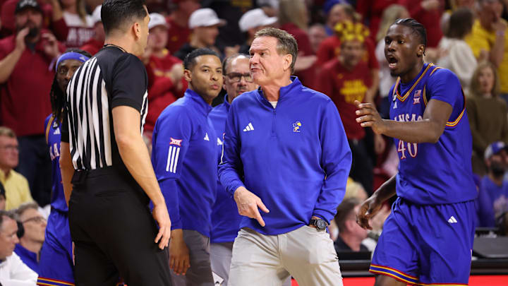 Feb 14, 2026; Ames, Iowa, USA; Kansas Jayhawks head coach Bill Self talks to officials during their game with the Iowa State Cyclones at James H. Hilton Coliseum. Mandatory Credit: Reese Strickland-Imagn Images