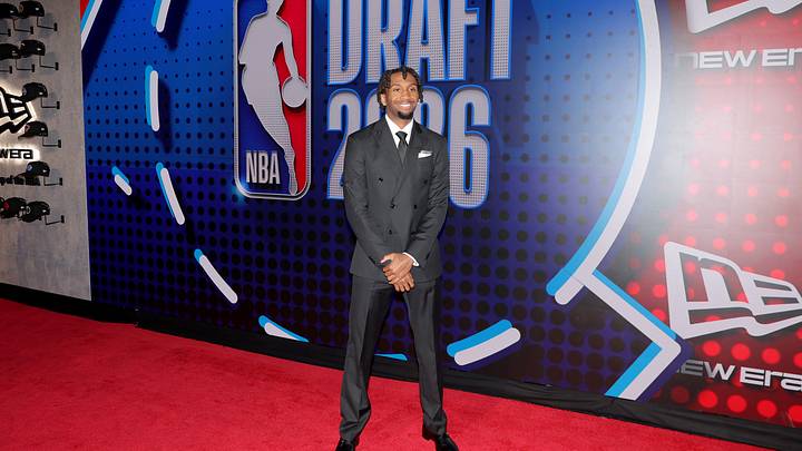 Jun 23, 2026; New York, NY, USA; Draft prospect Darryn Peterson poses for photos on the red carpet before the 2026 NBA draft at Barclays Center. Mandatory Credit: Brad Penner-Imagn Images