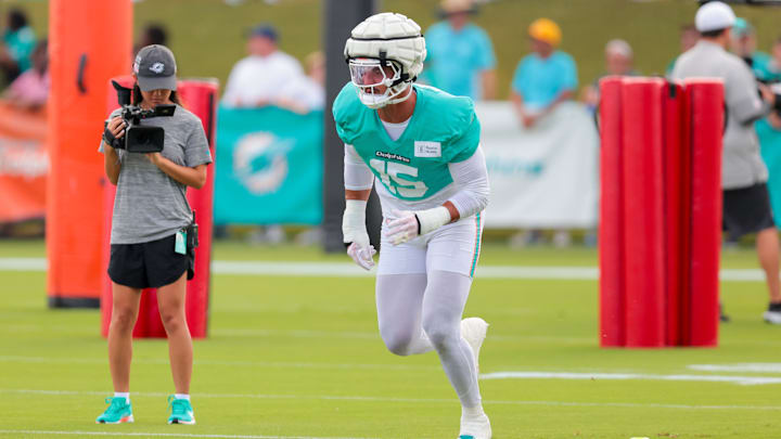 Miami Dolphins linebacker Jaelan Phillips (15) works during training camp at Baptist Health Training Complex. Miami Dolphins linebacker Jaelan Phillips (15) works during training camp at Baptist Health Training Complex.