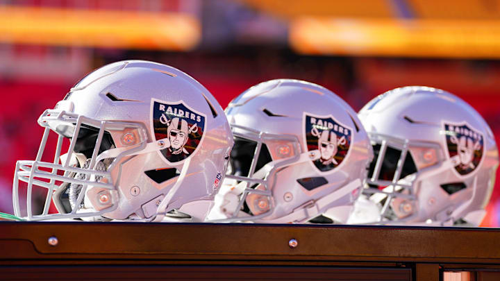Nov 29, 2024; Kansas City, Missouri, USA; A general view of Las Vegas Raiders helmets against the Kansas City Chiefs prior to a game at GEHA Field at Arrowhead Stadium. Mandatory Credit: Denny Medley-Imagn Images