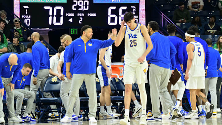 Feb 22, 2025; South Bend, Indiana, USA; Pittsburgh Panthers head coach Jeff Capel signals to his players in the second half against the Notre Dame Fighting Irish at the Purcell Pavilion. Mandatory Credit: Matt Cashore-Imagn Images