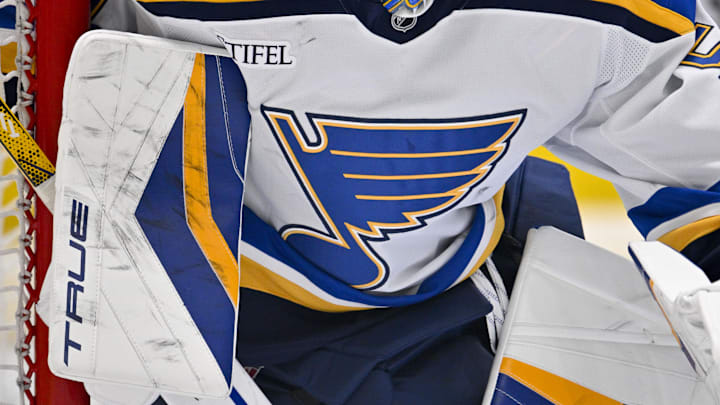 Mar 2, 2025; Dallas, Texas, USA; A view of the logo on the jersey of St. Louis Blues goaltender Jordan Binnington (50) during the game between the Dallas Stars and the St. Louis Blues at the American Airlines Center. Mandatory Credit: Jerome Miron-Imagn Images