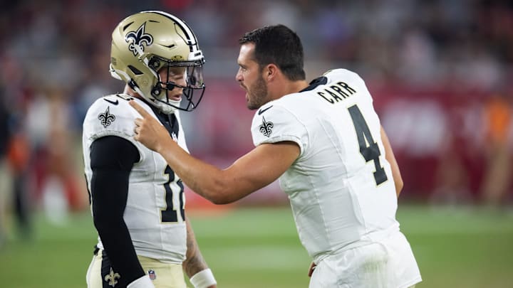 New Orleans Saints quarterback Spencer Rattler (18) may replace injured starter Derek Carr (4) for multiple weeks.