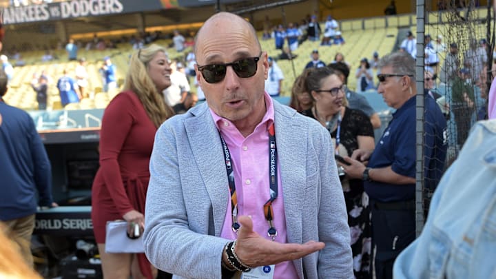 Oct 25, 2024; Los Angeles, California, USA; New York Yankees general manager Brian Cashman before game one against the Los Angeles Dodgers the 2024 MLB World Series at Dodger Stadium. Mandatory Credit: Jayne Kamin-Oncea-Imagn Images