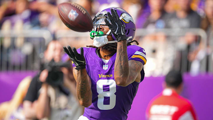 Aug 10, 2024; Minneapolis, Minnesota, USA; Minnesota Vikings wide receiver Trishton Jackson (8) catches a pass for a touchdown against the Las Vegas Raiders in the third quarter at U.S. Bank Stadium. Mandatory Credit: Brad Rempel-USA TODAY Sports