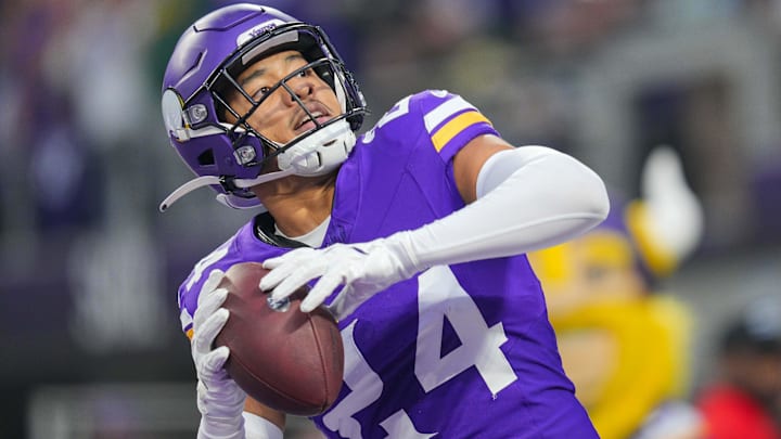 Dec 29, 2024; Minneapolis, Minnesota, USA; Minnesota Vikings safety Camryn Bynum (24) celebrates his fumble recovery against Green Bay Packers in the first quarter at U.S. Bank Stadium. Mandatory Credit: Brad Rempel-Imagn Images Dec 29, 2024; Minneapolis, Minnesota, USA; Minnesota Vikings safety Camryn Bynum (24) celebrates his fumble recovery against Green Bay Packers in the first quarter at U.S. Bank Stadium. Mandatory Credit: Brad Rempel-Imagn Images