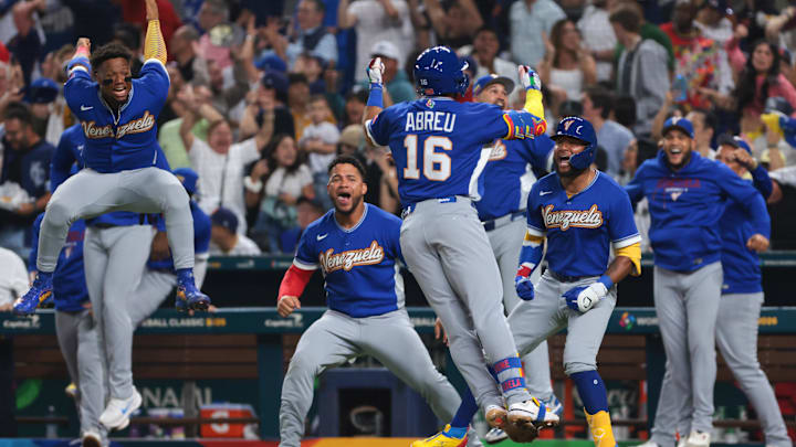 Mar 14, 2026; Miami, FL, United States; Venezuela right fielder Ronald Acuna Jr. (21), first baseman Willson Contreras (40) and third baseman Maikel Garcia (11) celebrate a three-run home run by left fielder Wilyer Abreu (16) against Japan in the sixth inning during a quarterfinal game of the 2026 World Baseball Classic at loanDepot Park. Mandatory Credit: Sam Navarro-Imagn Images Mar 14, 2026; Miami, FL, United States; Venezuela right fielder Ronald Acuna Jr. (21), first baseman Willson Contreras (40) and third baseman Maikel Garcia (11) celebrate a three-run home run by left fielder Wilyer Abreu (16) against Japan in the sixth inning during a quarterfinal game of the 2026 World Baseball Classic at loanDepot Park. Mandatory Credit: Sam Navarro-Imagn Images