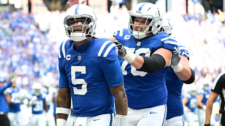 Sep 8, 2024; Indianapolis, Indiana, USA; Indianapolis Colts quarterback Anthony Richardson (5) celebrates a touchdown during the second half agains the Houston Texans at Lucas Oil Stadium. Mandatory Credit: Marc Lebryk-Imagn Images