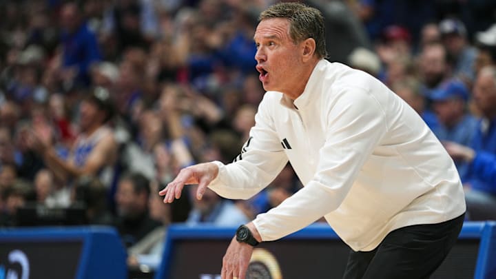 Feb 9, 2026; Lawrence, Kansas, USA; Kansas Jayhawks head coach Bill Self reacts during the first half against the Arizona Wildcats at Allen Fieldhouse. Mandatory Credit: Jay Biggerstaff-Imagn Images