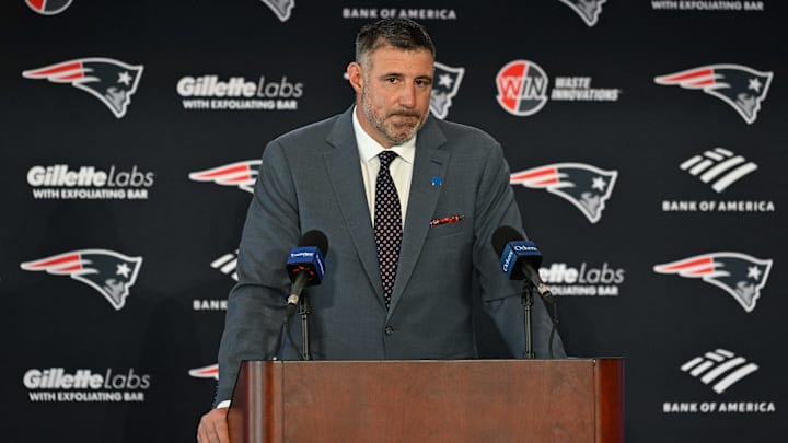 Jan 13, 2025; Foxborough, MA, USA; Mike Vrabel addresses media at a press conference to announce his hiring as the New England Patriots head coach at Gillette Stadium. Mandatory Credit: Eric Canha-Imagn Images