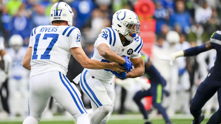 Dec 14, 2025; Seattle, Washington, USA; Indianapolis Colts running back Jonathan Taylor (28) rushes against the Seattle Seahawks during the first half at Lumen Field. Mandatory Credit: Steven Bisig-Imagn Images Dec 14, 2025; Seattle, Washington, USA; Indianapolis Colts running back Jonathan Taylor (28) rushes against the Seattle Seahawks during the first half at Lumen Field. Mandatory Credit: Steven Bisig-Imagn Images
