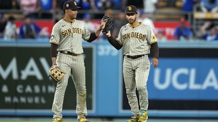 Sep 11, 2023; Los Angeles, California, USA; San Diego Padres left fielder Juan Soto (22) and center