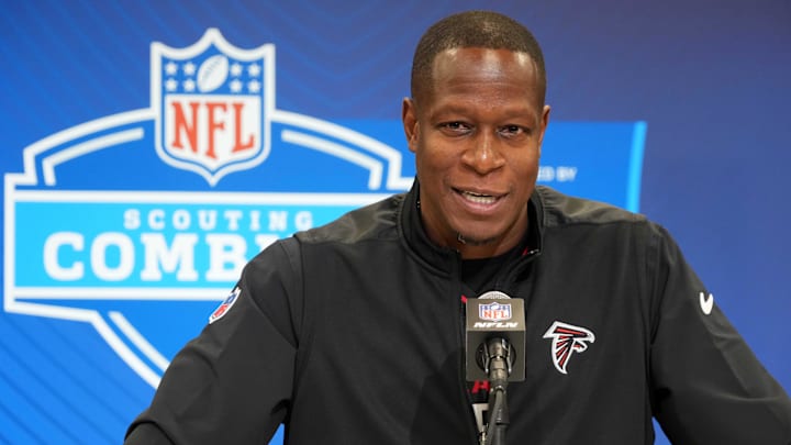 Feb 25, 2025; Indianapolis, IN, USA; Atlanta Falcons coach Raheem Morris speaks during the NFL Scouting Combine at the Indiana Convention Center.