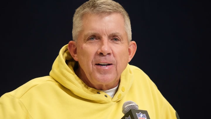 Feb 25, 2025; Indianapolis, IN, USA; Denver Broncos head coach Sean Payton speaks during the NFL Scouting Combine at the Indiana Convention Center. Mandatory Credit: Kirby Lee-Imagn Images