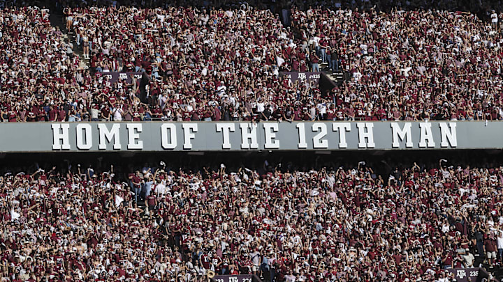 Nov 15, 2025; College Station, Texas, USA; Fans cheer during the game between the Texas A&M Aggies and the South Carolina Gamecocks at Kyle Field. Mandatory Credit: Troy Taormina-Imagn Images