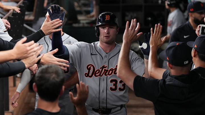 Detroit Tigers third baseman Colt Keith (33) is greeted in the dugout. 