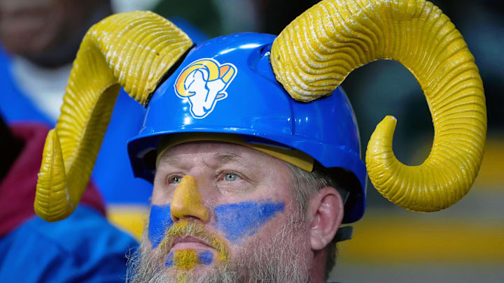 Oct 19, 2025; London, United Kingdom; A Los Angeles Rams fan wears a helmet with ram horns during the second half of an NFL International Series game at Wembley Stadium. Mandatory Credit: Kirby Lee-Imagn Images Oct 19, 2025; London, United Kingdom; A Los Angeles Rams fan wears a helmet with ram horns during the second half of an NFL International Series game at Wembley Stadium. Mandatory Credit: Kirby Lee-Imagn Images