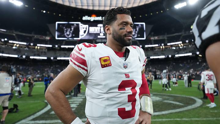 Dec 28, 2025; Paradise, Nevada, USA; New York Giants quarterback Russell Wilson (3) looks on after the game against the Las Vegas Raidersat Allegiant Stadium. Mandatory Credit: Kirby Lee-Imagn Images